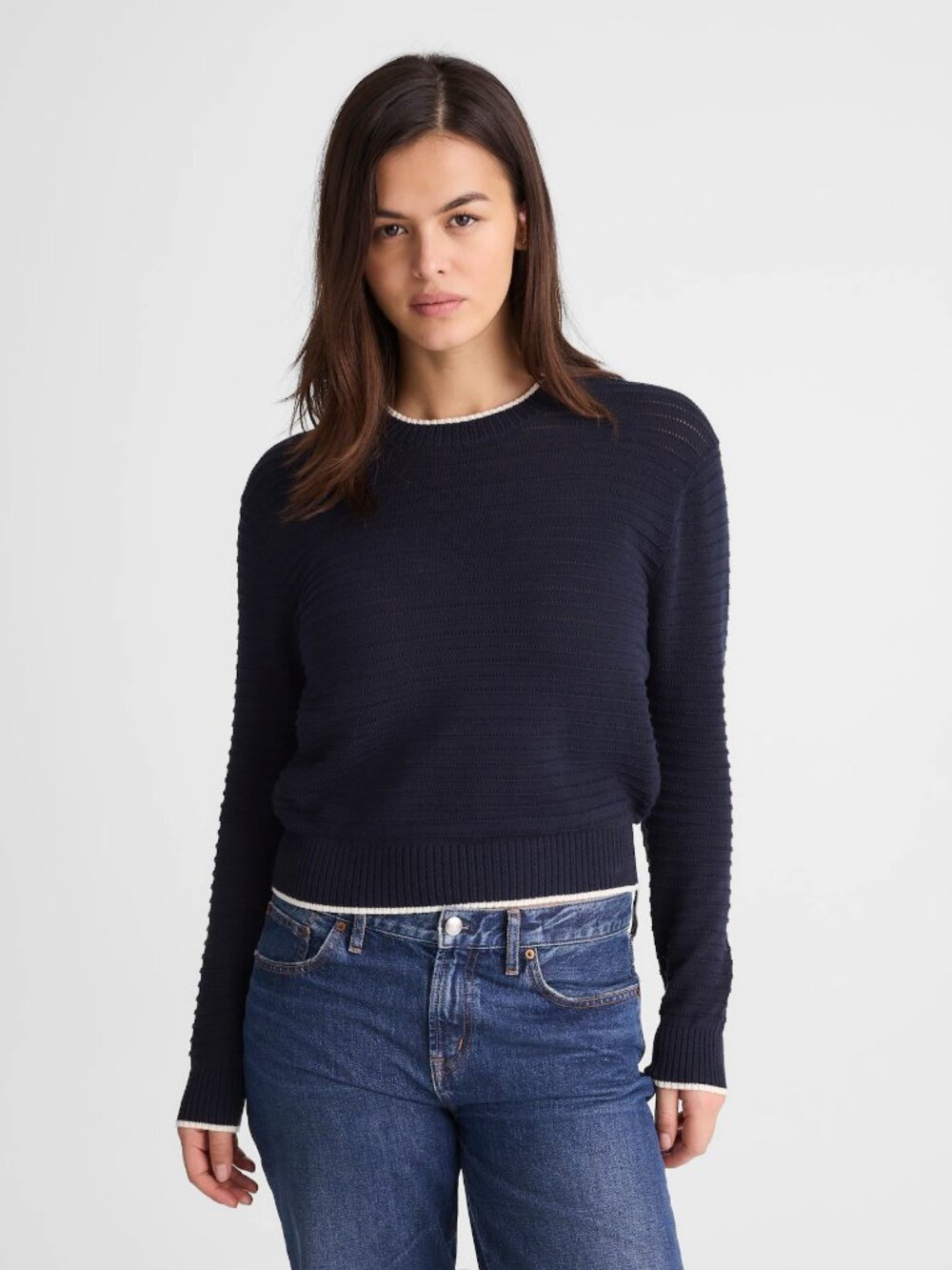 Madewell Striped Textured-Stitch Crewneck Sweater in 100% Cotton
